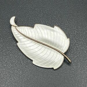 Volmer Bahner White Guilloché Enamel Leaf Brooch Sterling Denmark Mid Century